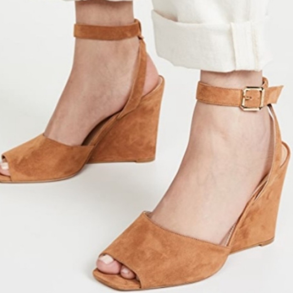 Veronica Beard Cognac Suede Ankle-Strap Wedge Sandals